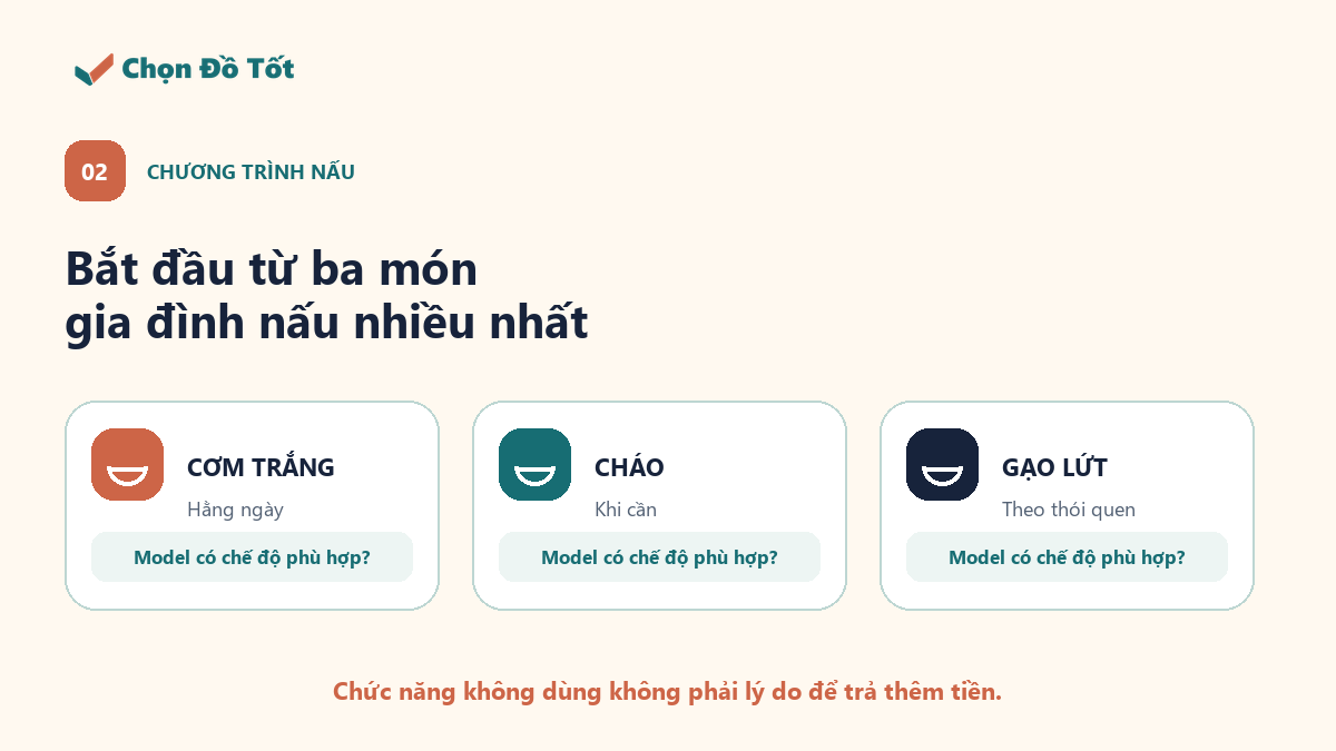 Ba món cần kiểm khi chọn chương trình nấu: cơm trắng, cháo và gạo lứt