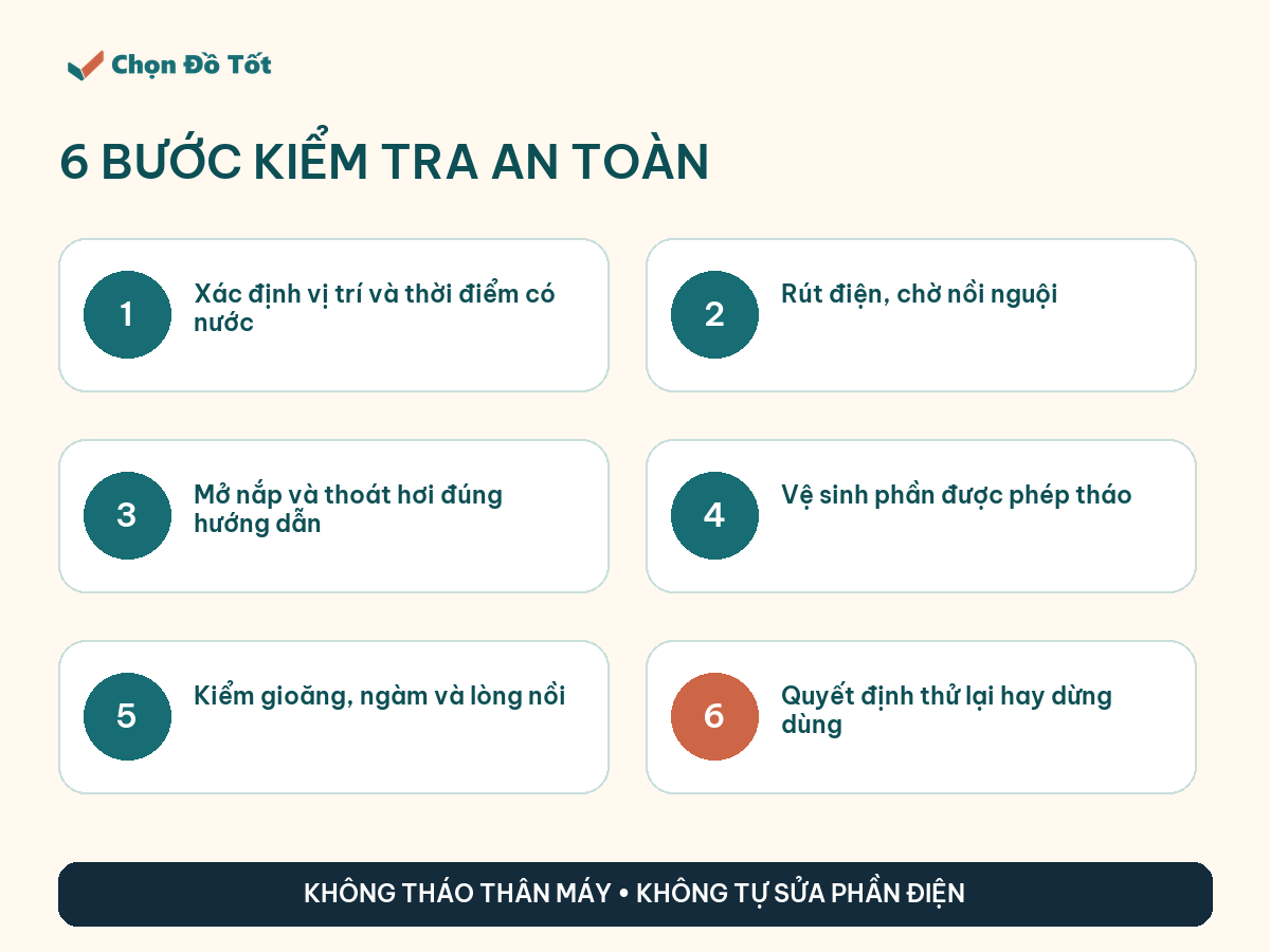 Sáu bước kiểm tra an toàn khi nồi cơm điện bị đọng nước