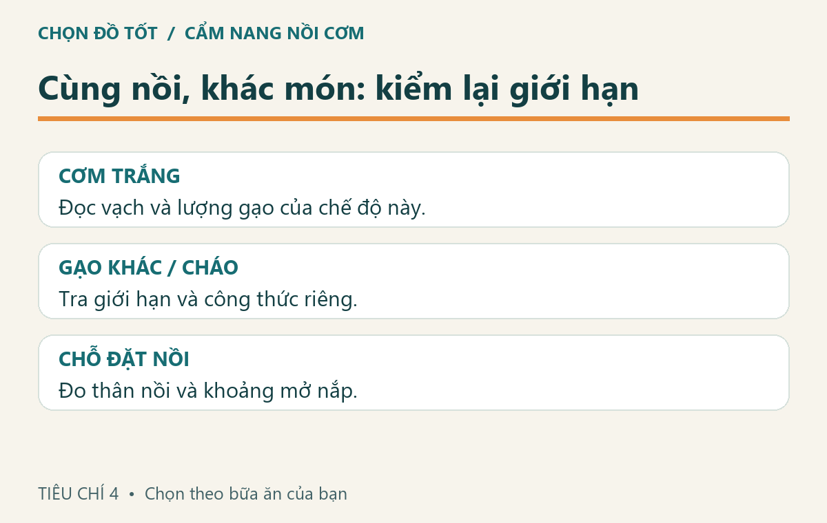 Ba mục đối chiếu: cơm trắng, món khác và khoảng đặt nồi mở nắp