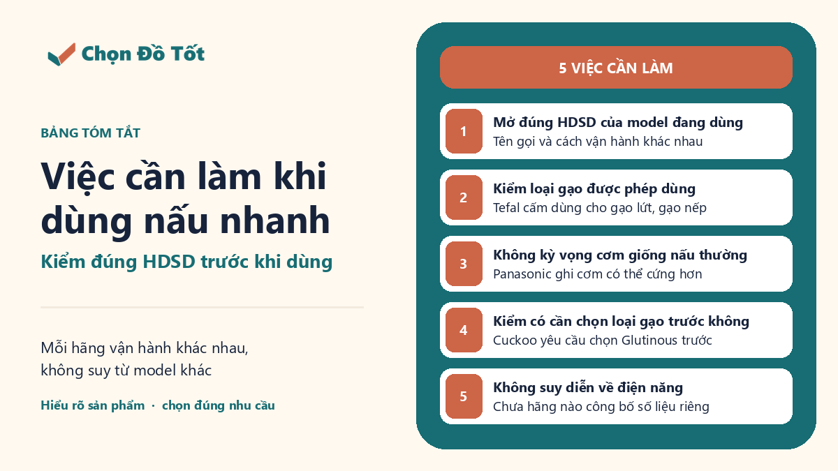 Checklist các việc cần kiểm tra trước khi dùng chế độ nấu nhanh trên nồi cơm điện
