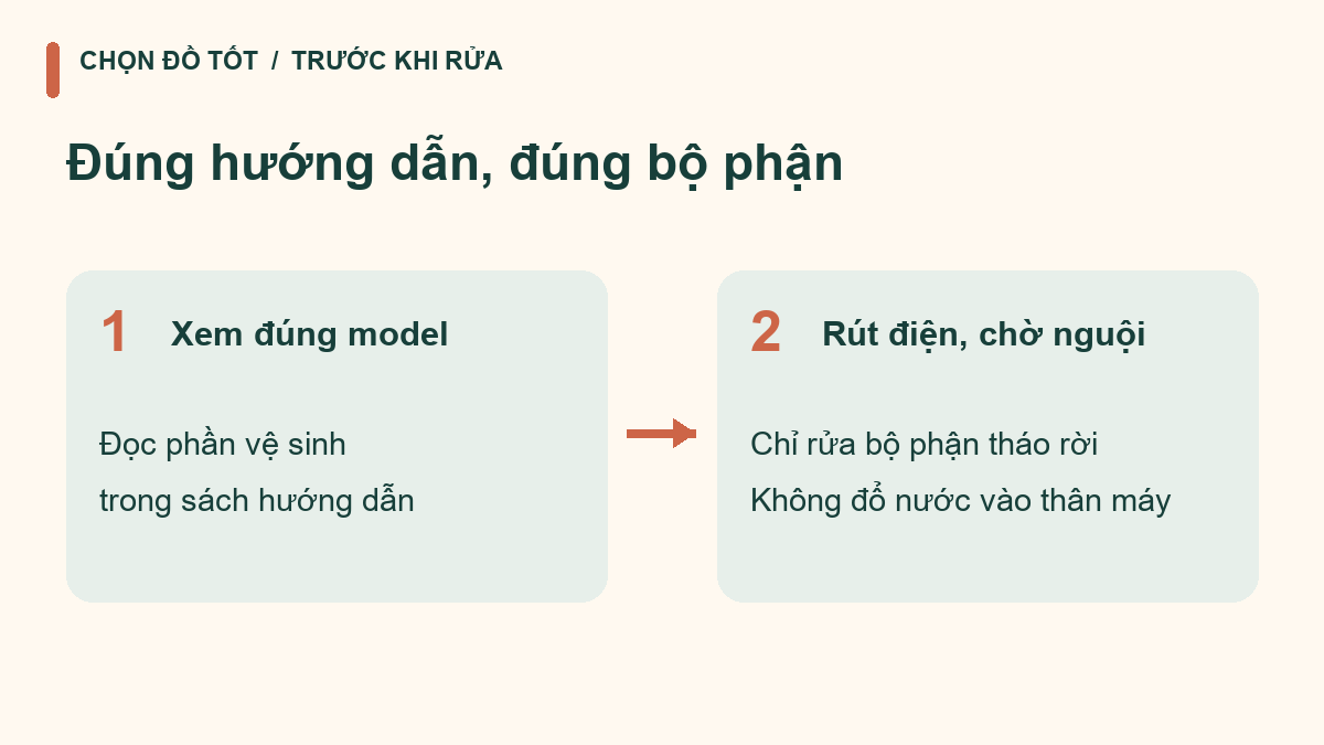 Đọc hướng dẫn đúng model, rút điện và chờ nguội trước khi vệ sinh
