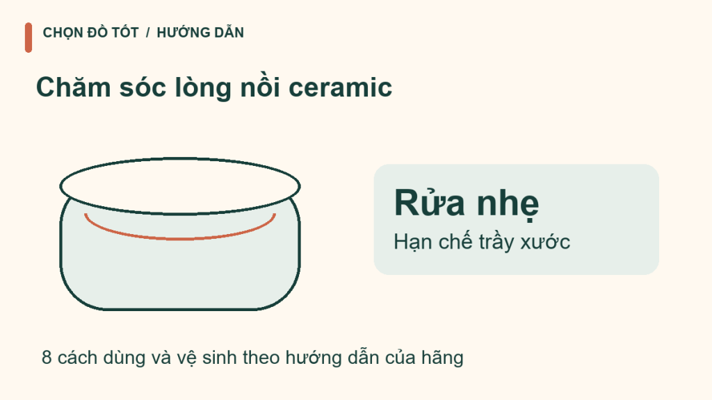 Sơ đồ chăm sóc lòng nồi ceramic: rửa nhẹ để hạn chế trầy xước