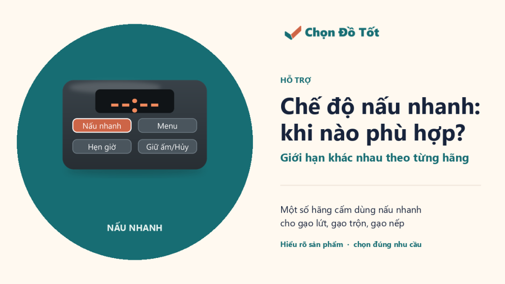 Bảng điều khiển nồi cơm điện minh họa với phím Nấu nhanh được làm nổi, màn hình không ghi số phút vì thời gian khác nhau theo từng hãng