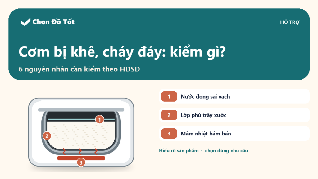 Sơ đồ mặt cắt nồi cơm điện điện tử chỉ 3 chỗ cần kiểm khi cơm khê cháy đáy: đường mực nước so với vạch, lớp phủ lòng nồi trầy xước, mâm nhiệt dưới đáy bám bẩn