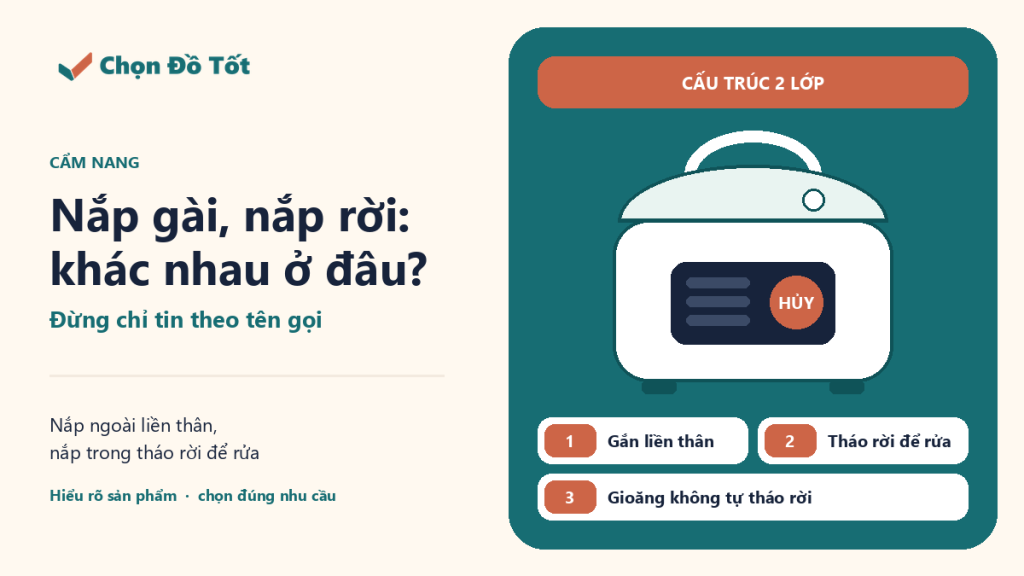 Đồ họa so sánh nắp ngoài gắn liền thân và nắp trong tháo rời trên nồi cơm điện