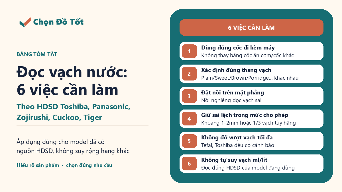 Bảng tóm tắt 6 việc cần làm khi đọc vạch nước nồi cơm điện: dùng đúng cốc đi kèm máy, xác định đúng thang vạch theo loại gạo, đặt nồi trên mặt phẳng, giữ sai lệch trong mức cho phép, không đổ vượt vạch tối đa, không tự suy vạch ml/lít