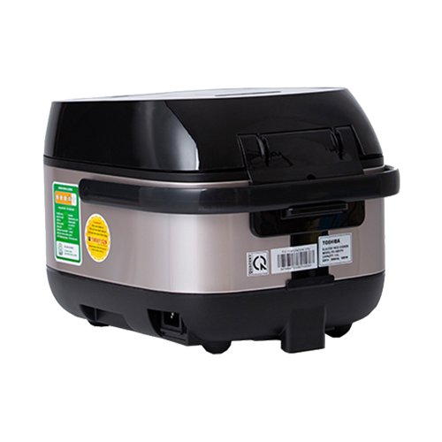 Mặt sau nồi cơm Toshiba RC-18IX1PV với bản lề, khe thoát, nhãn máy và cổng dây nguồn tháo rời